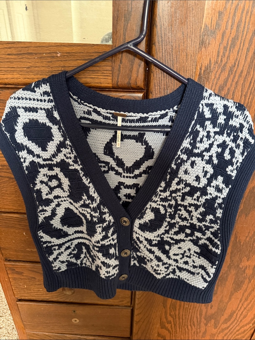 Free people Navy and Cream Patterned Knit Button-Front Sweater Vest